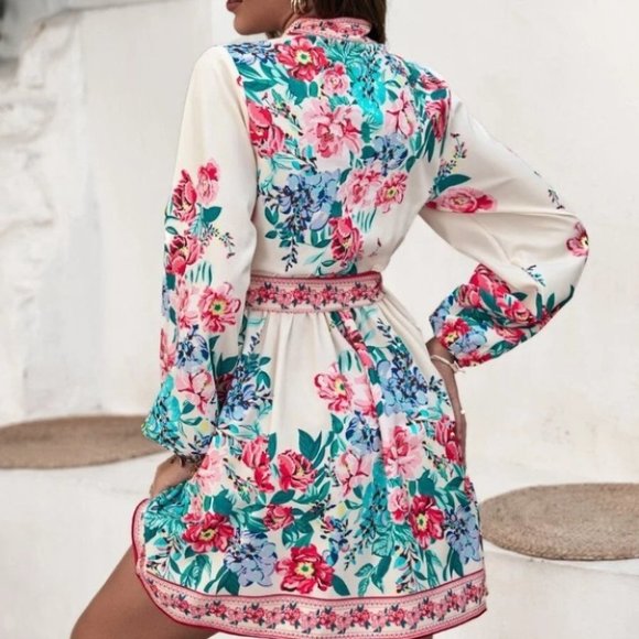 Floral pattern Lantern Sleeve Belted mini Dress - Picture 3 of 8